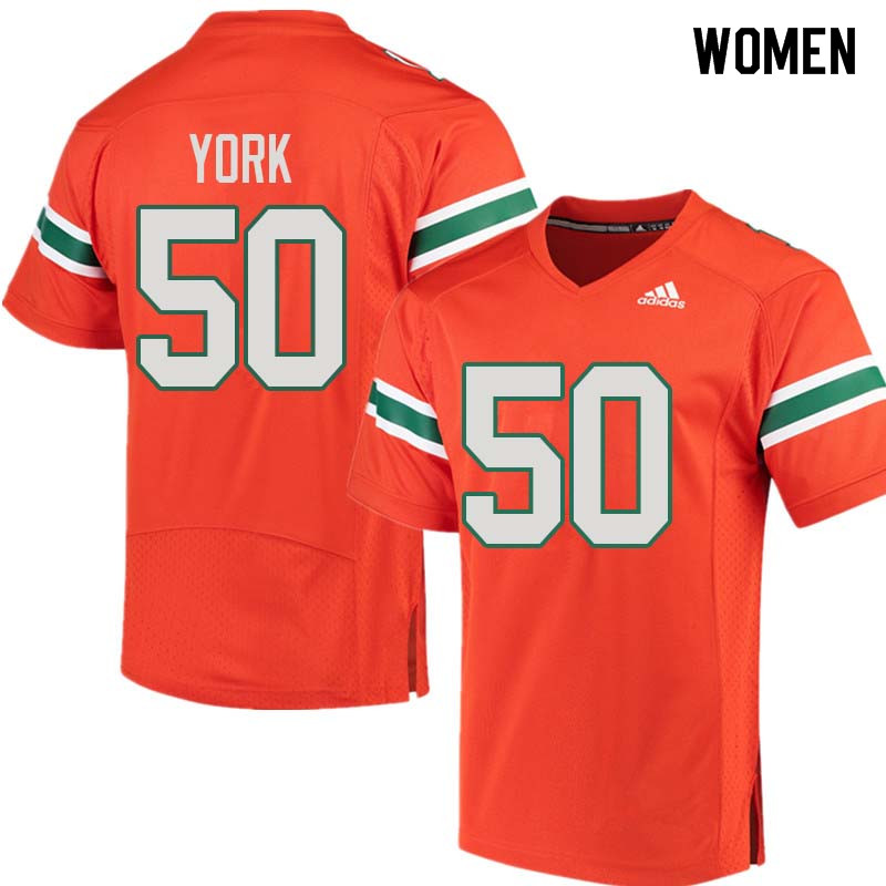 Women Miami Hurricanes #50 Sam York College Football Jerseys Sale-Orange - Click Image to Close